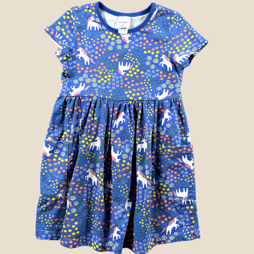 Hanna Andersson Pocket Dress Youth 5 Blue Unicorn Floral Cotton Casual Everyday